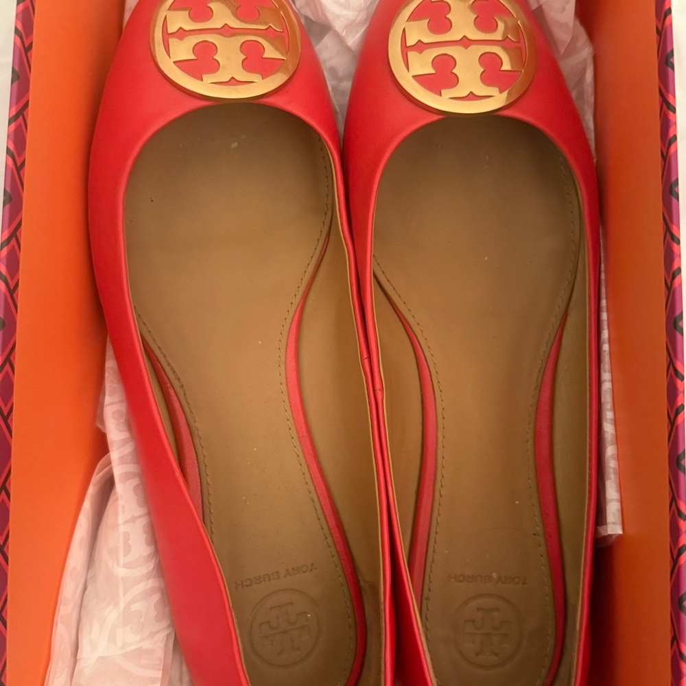 Tory Burch Smooth Leather Reva Orange Ballet Flats Size 9
